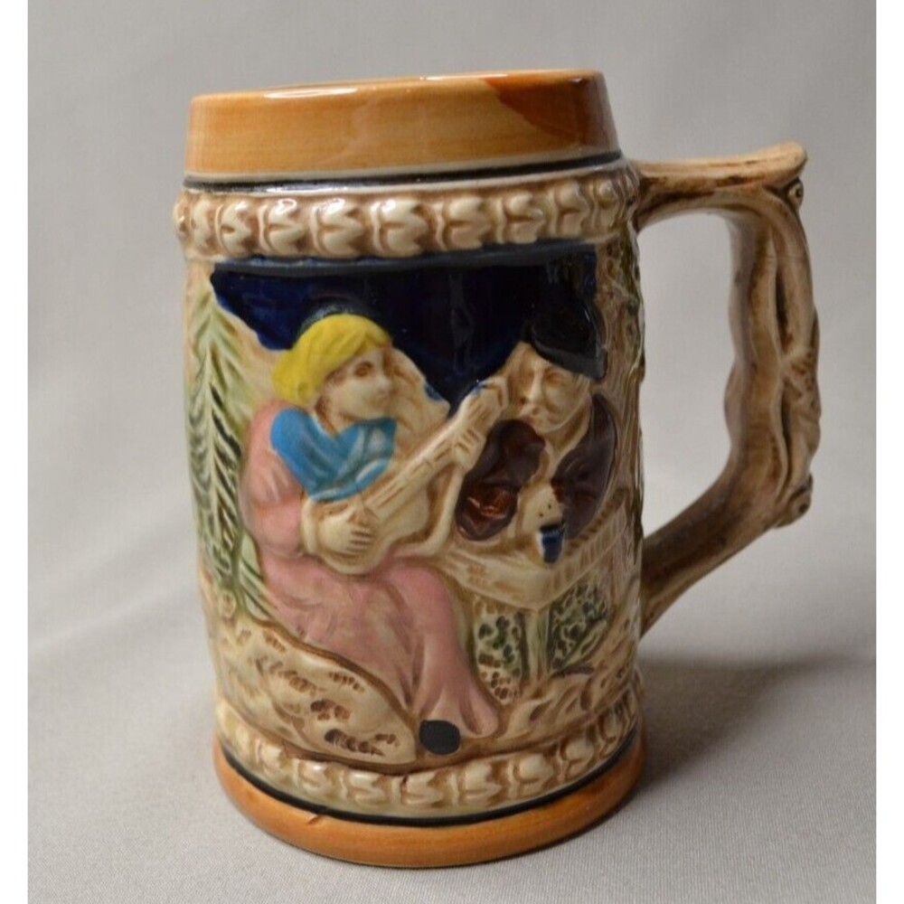 Vintage German Style 4.75" Ceramic Beer Stein Mug Made In Japan, Ornate Tan Mug
